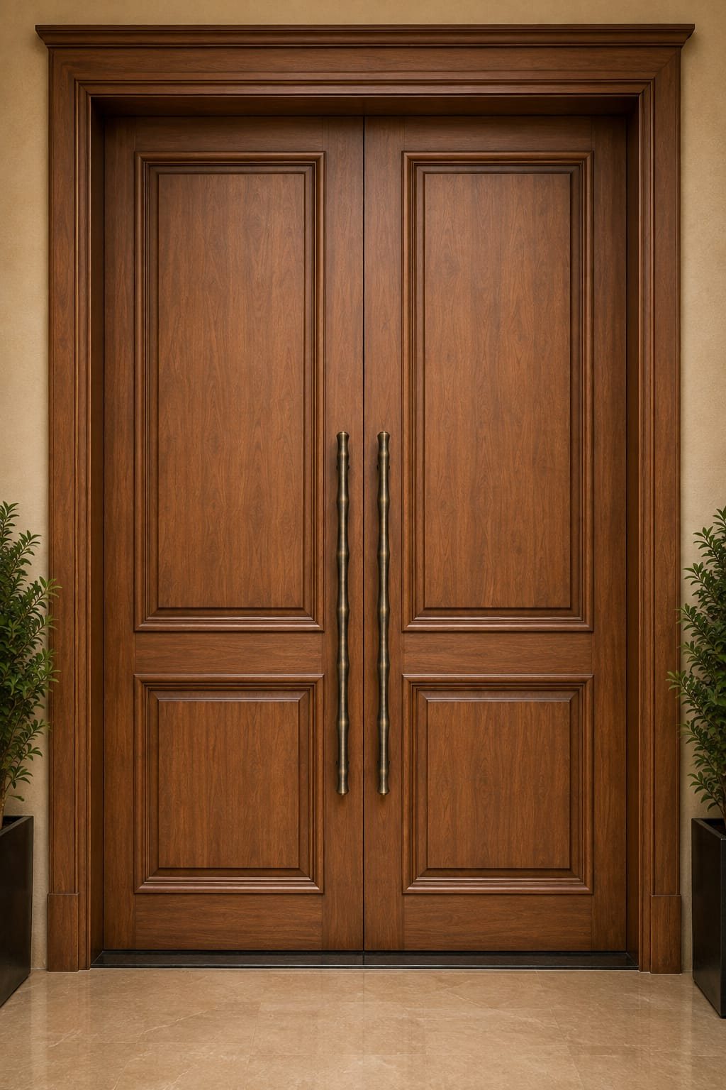 Classical timber twin-leaf entrance door with slim bamboo-form antique brass Bansi pull handles