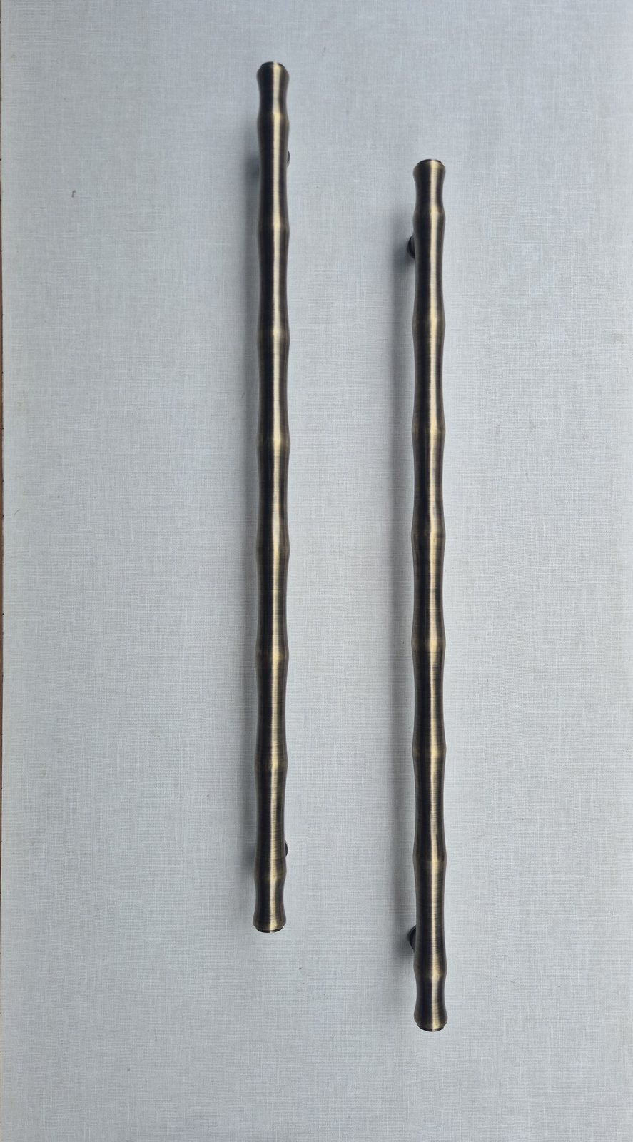 Pair of segmented bamboo-form solid brass main door pull handles in antique brass, Kakal Brothers Bansi