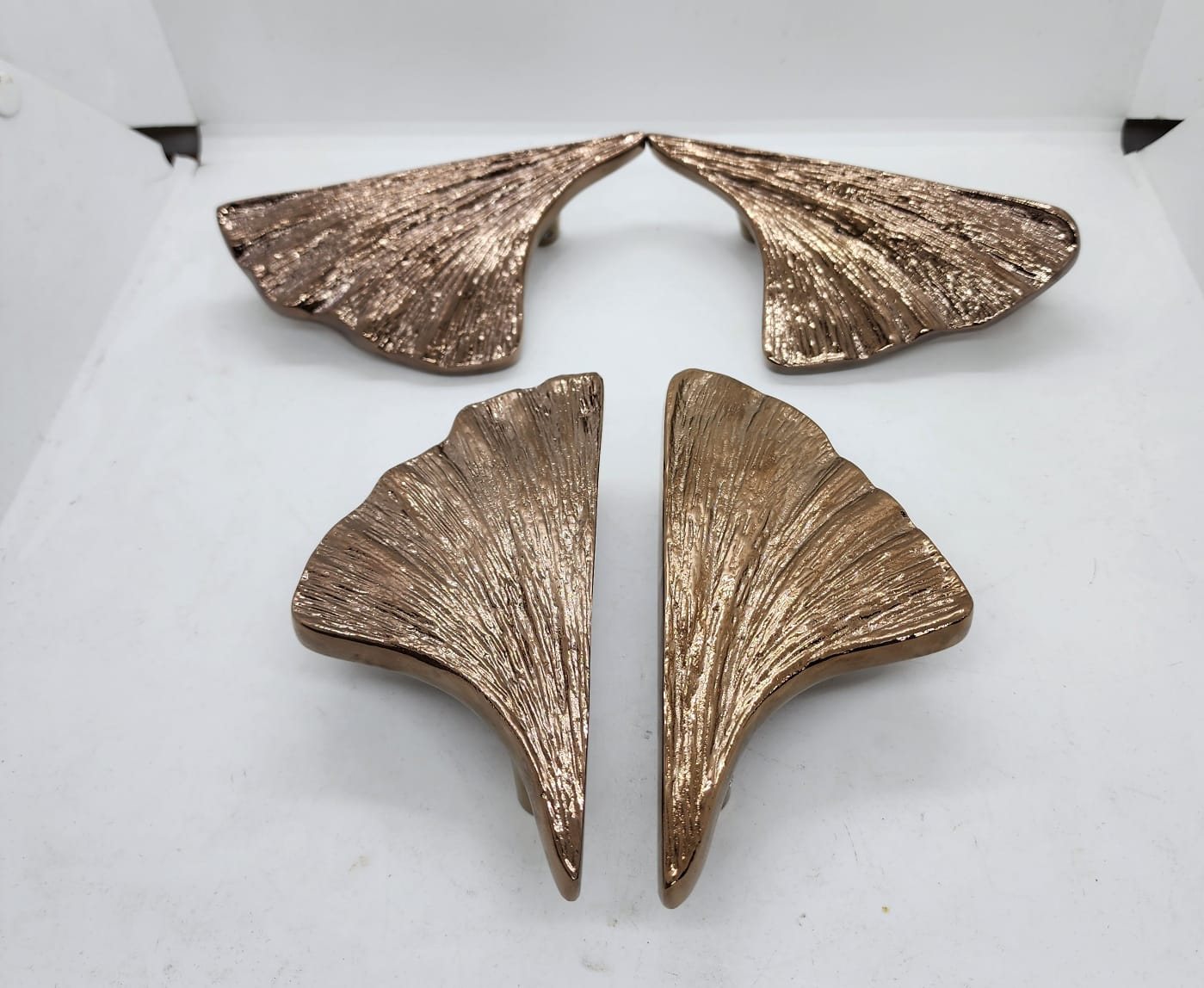 Cast rose-bronze ginkgo leaf cabinet knobs and pulls, left and right pairs, Kakal Brothers 2026 new range