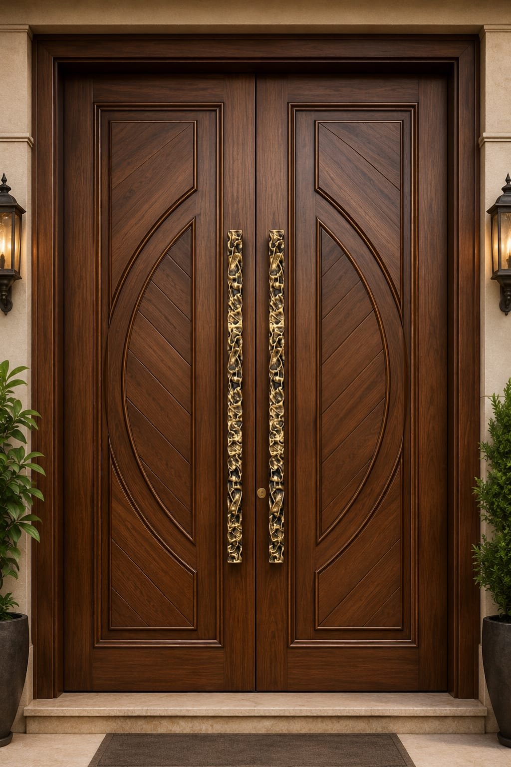 Arched-panel timber entrance door with pierced openwork Lava cast brass pull bars in polished gold