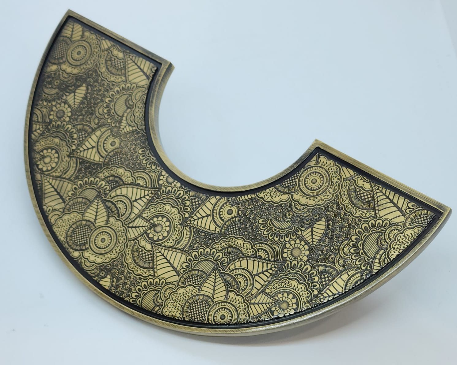 C Doodle half-round C-shaped brass main door pull handle with deep-etched doodle and paisley relief, Kakal Brothers 2026 new range