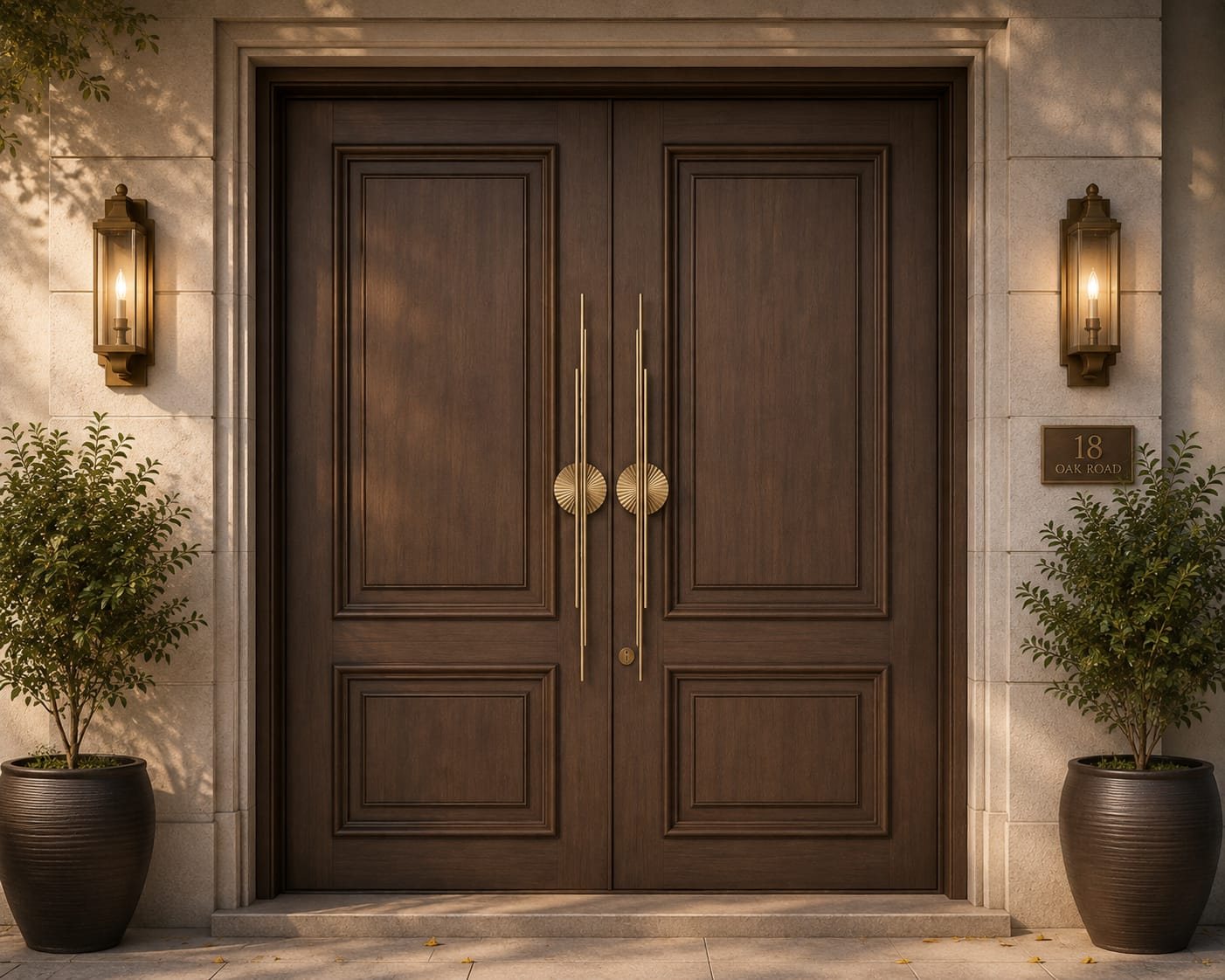 Villa entrance door fitted with Kakal Brothers Solstice slim brass pull rods and hand-fluted sunburst rosettes, 2026 New Range
