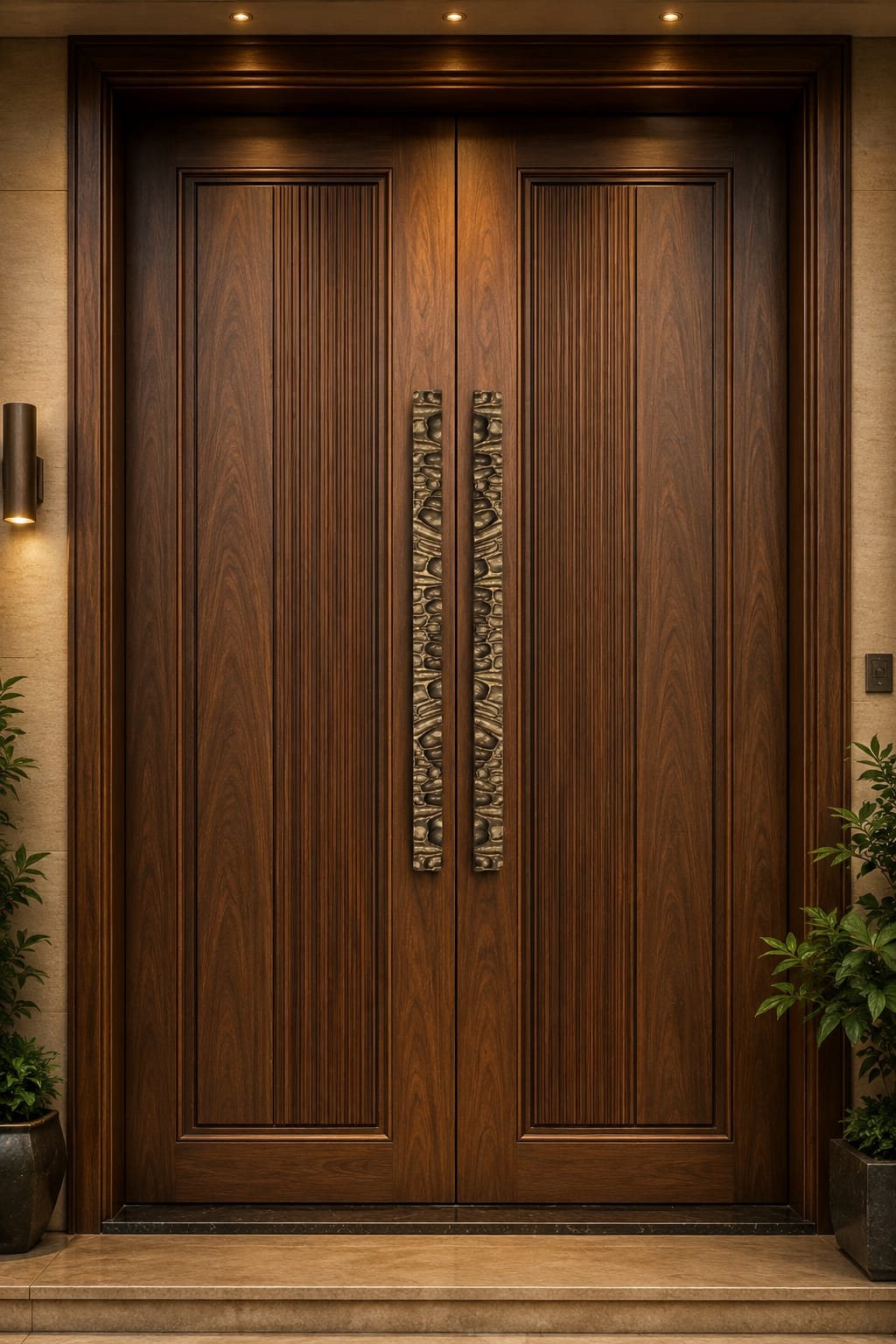 Dark timber twin-leaf entrance door with paired Terra cast brass pull bars in close-packed rounded pebble relief